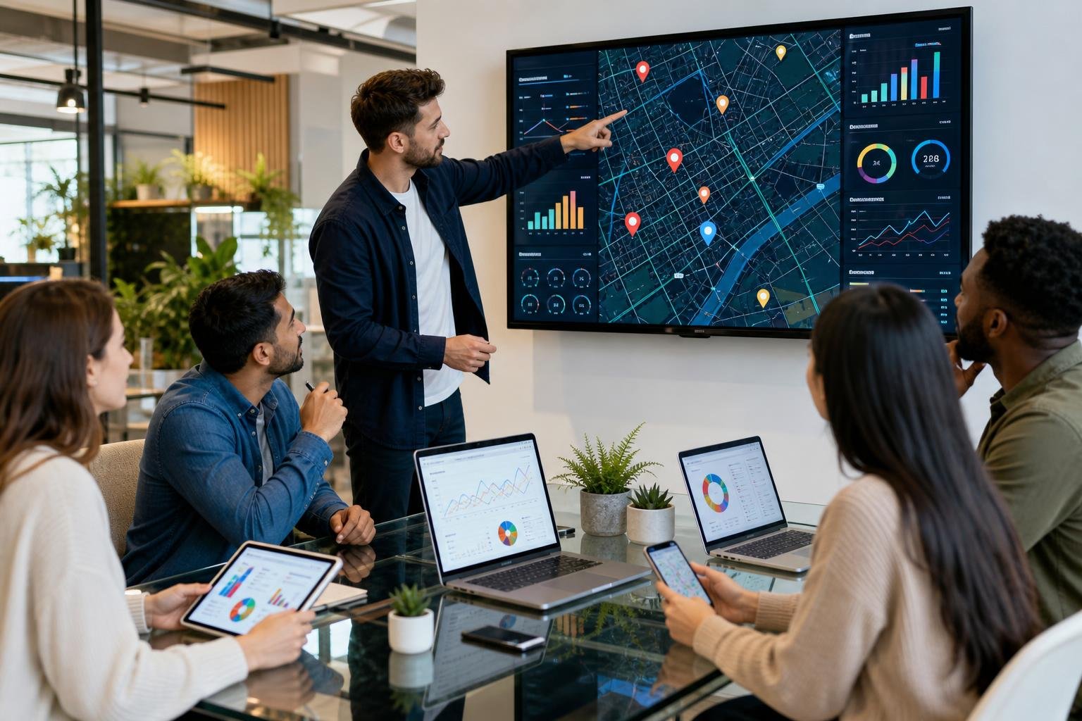 A group of professionals collaborating around a table with digital devices showing maps and analytics in a modern office.